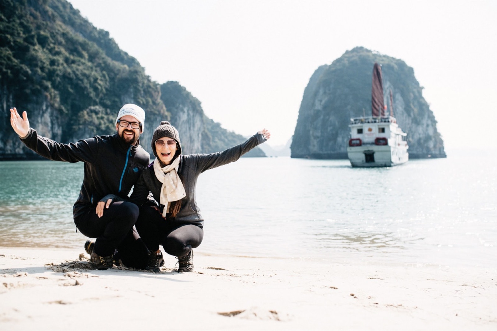 Bianca and Tom beside Bai Tu Long Bay in Vietnam