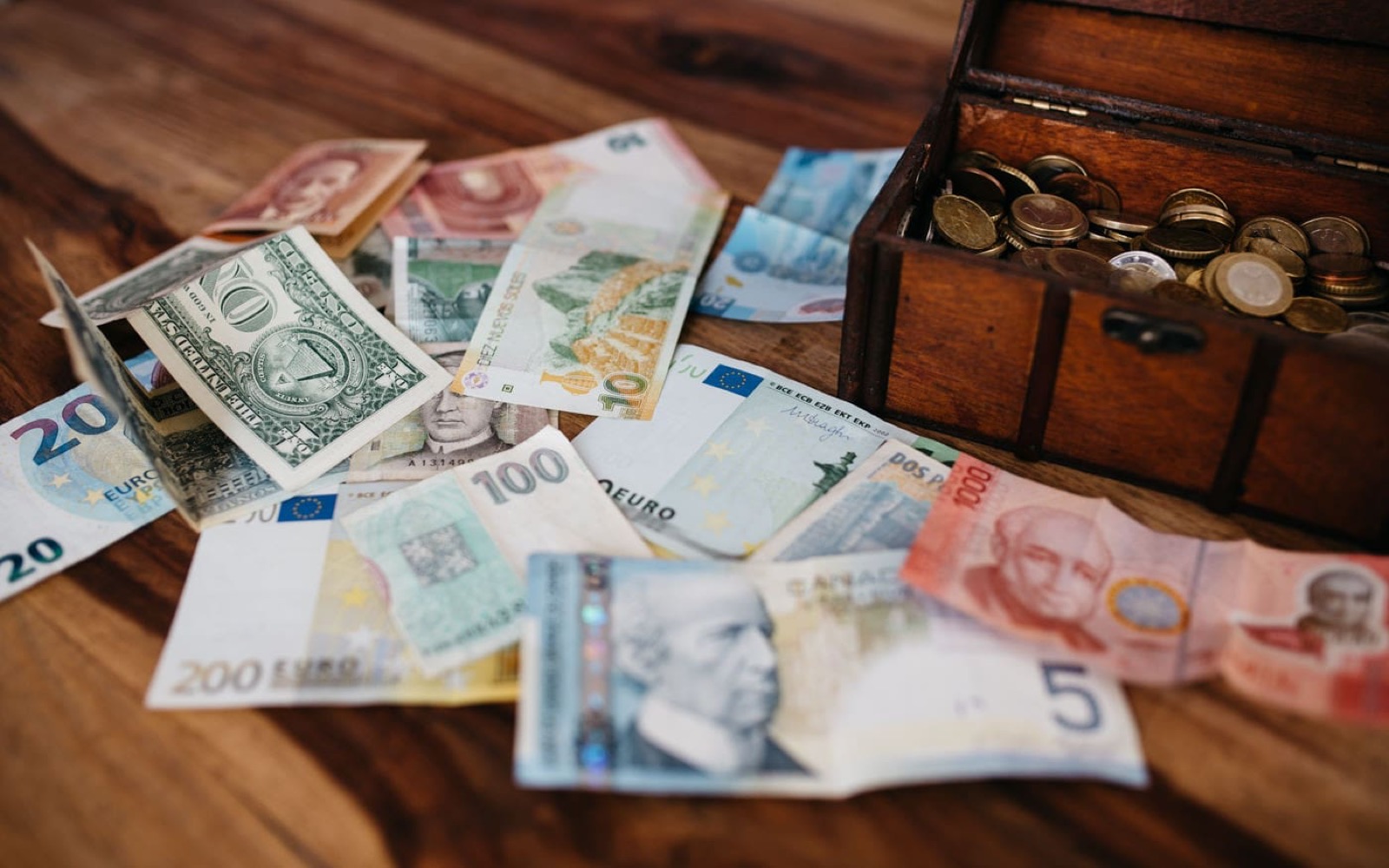 Notes, money and travel documents on the original planning desk
