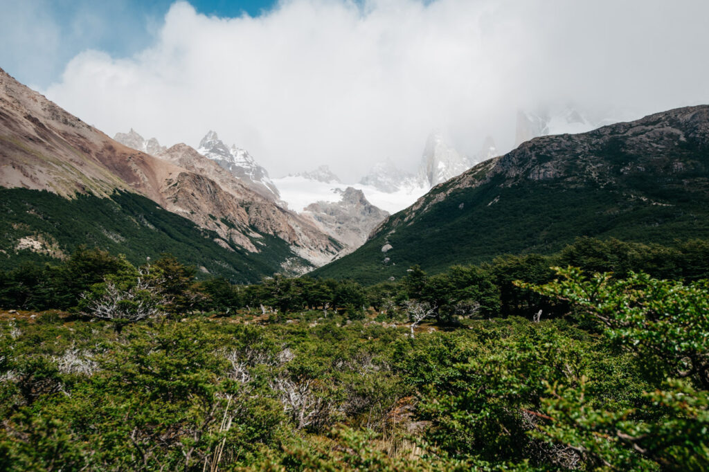 Mount Fitz Roy verschwindet über einem grünen Tal in den Wolken