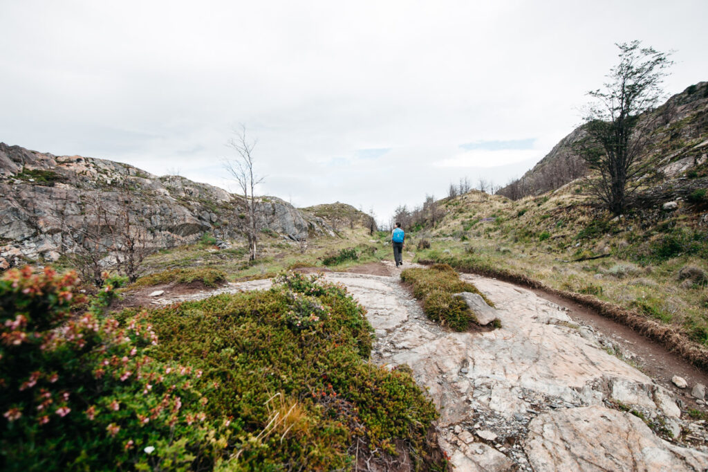 Wanderer auf dem felsigen Sendero Grey zwischen patagonischen Sträuchern