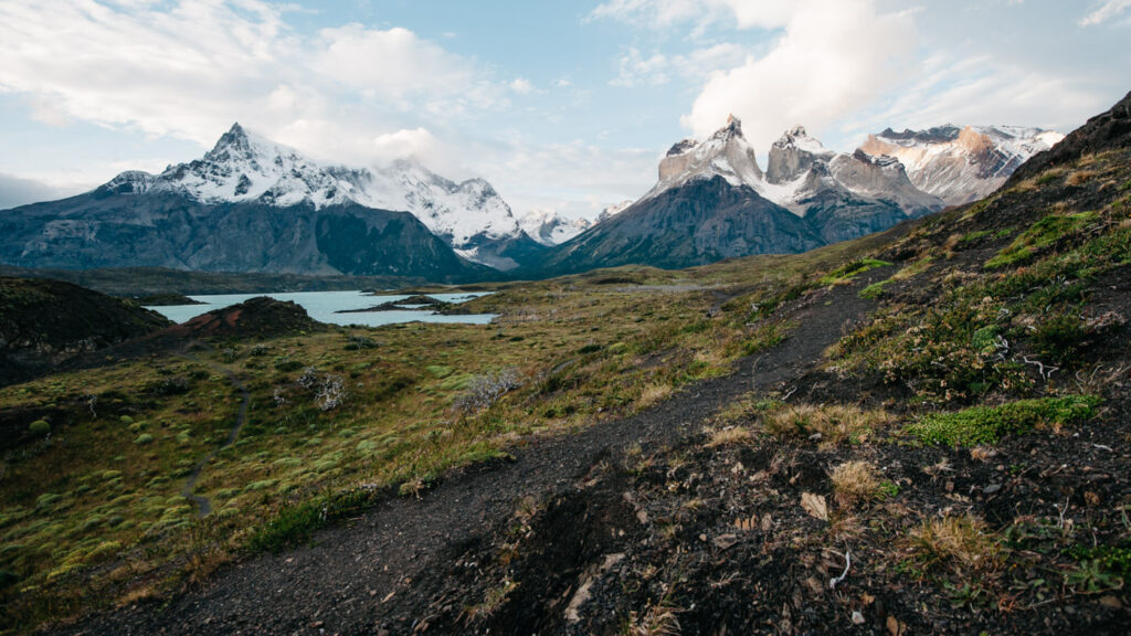 Typical Torres del Paine landscape at sunset