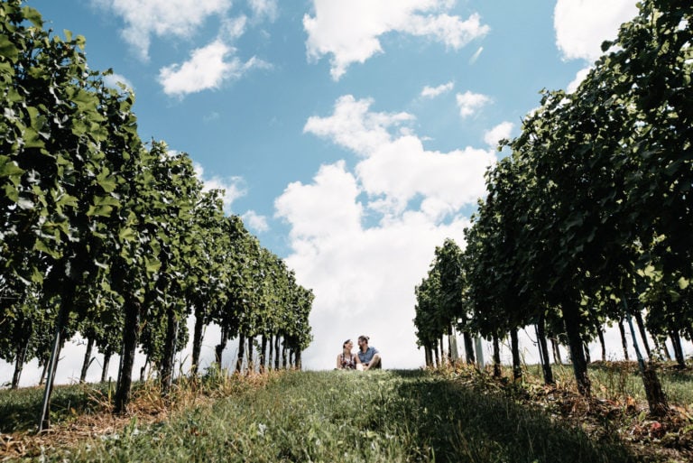 Sitting in the vineyards in southern styria in a symmetrical picture composition of Bianca and Tom