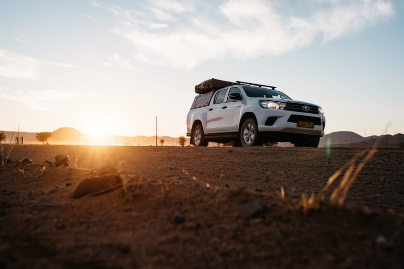 Safari Car in Namibia at sunrise