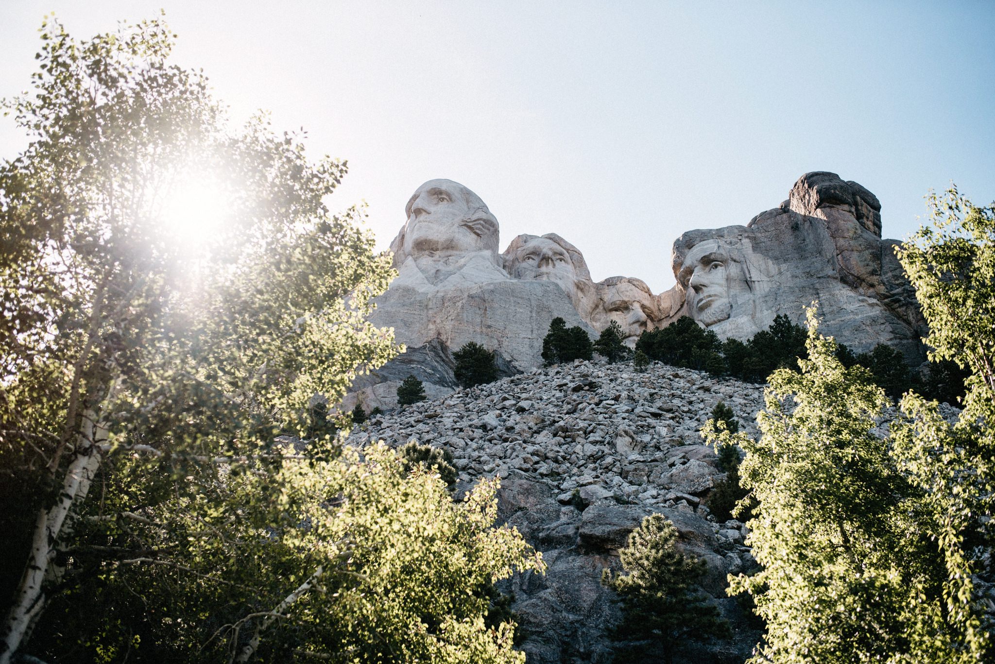 Mount Rushmore seen through trees in the late afternoon