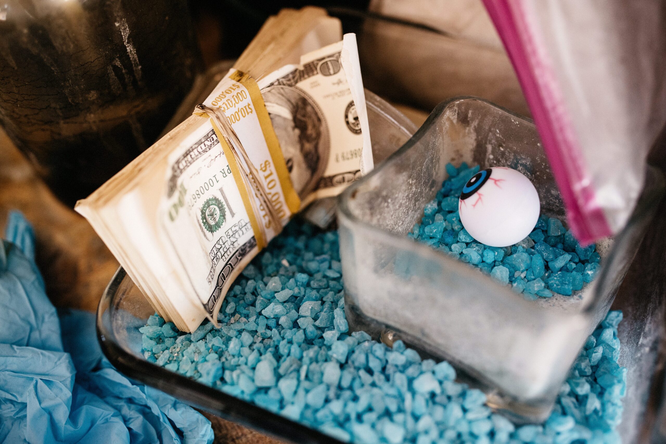 Blue Sky candy and prop money displayed inside the Breaking Bad RV
