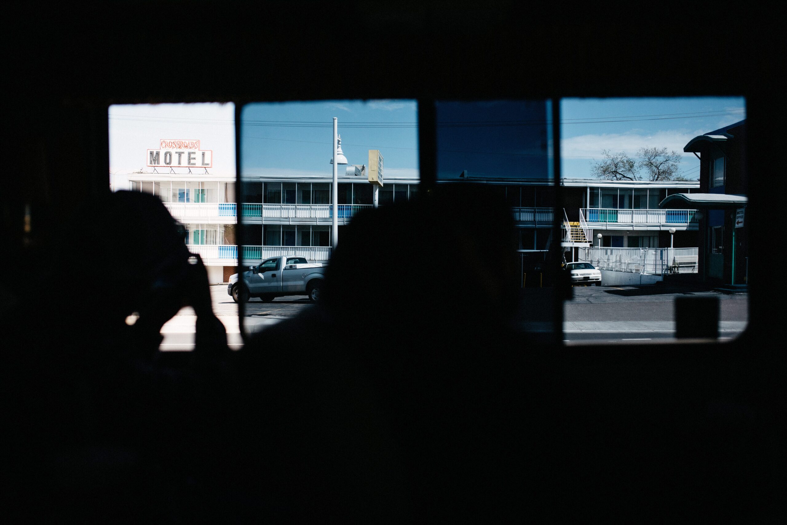 The Crossroads Motel viewed through the window of the tour RV