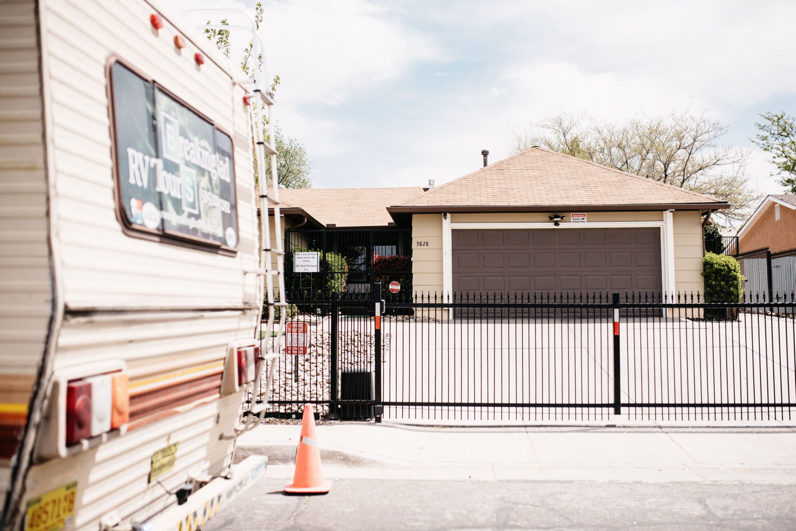The tour RV parked outside Walter White's house in Albuquerque
