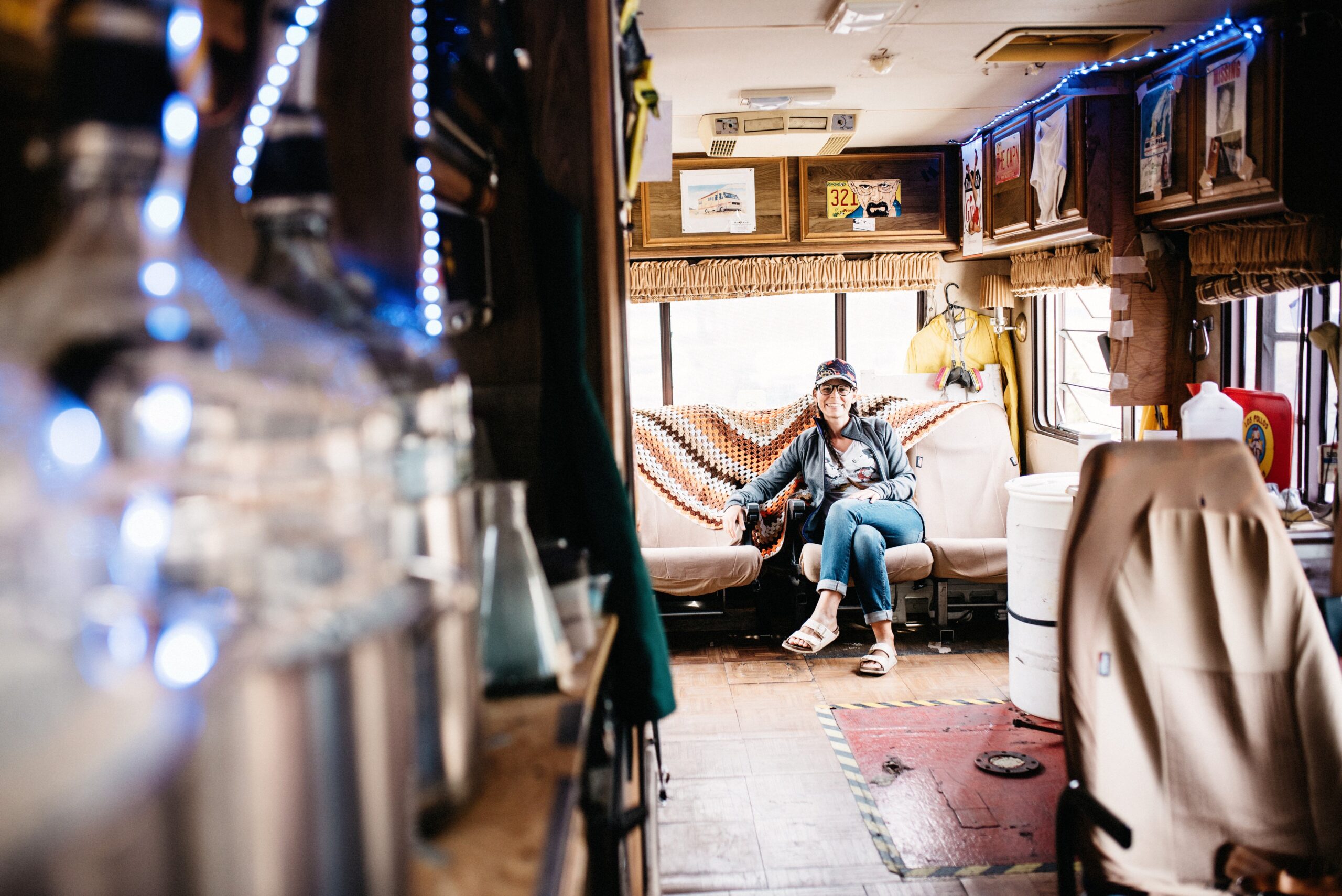 Bianca sitting inside the detailed Breaking Bad tour RV