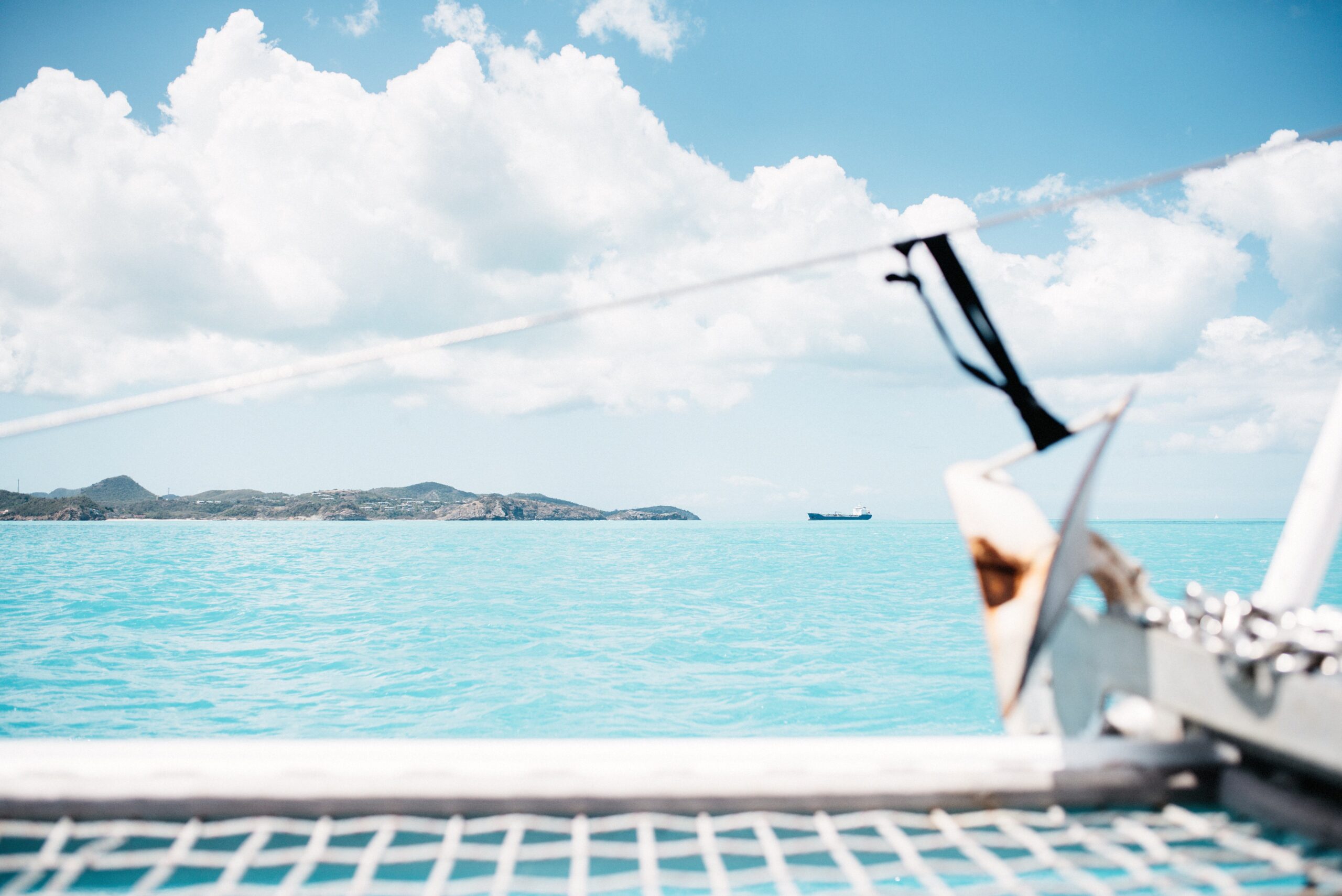 Turquoise Caribbean water seen from a catamaran near Antigua