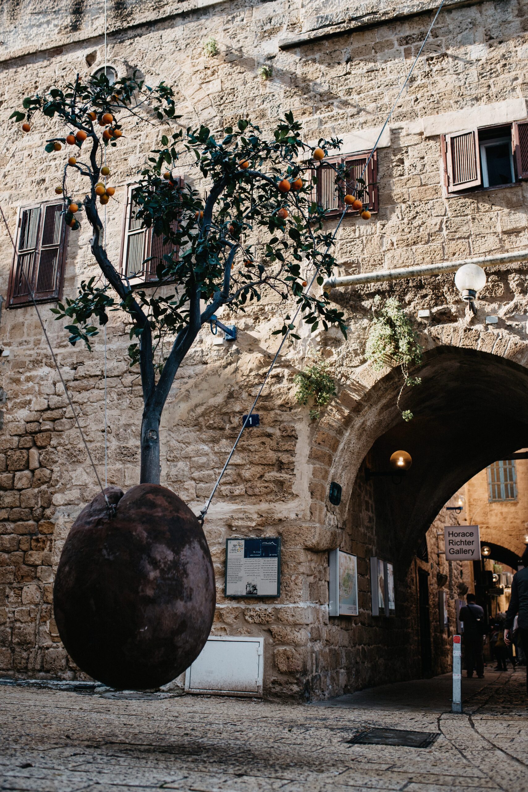 An orange tree beside a narrow stone passage in Old Jaffa