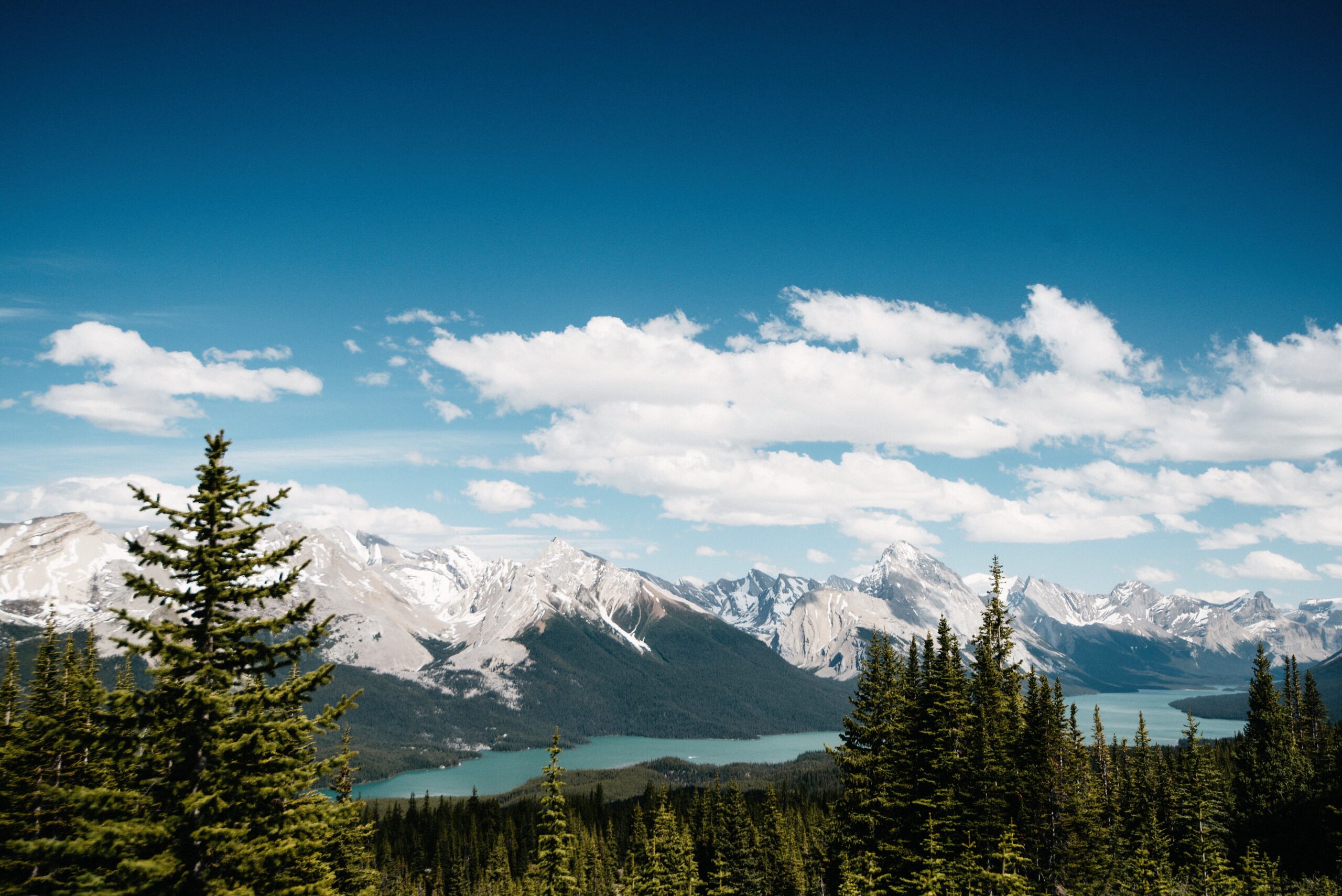 Verschneites Bergpanorama über Maligne Lake vom Bald Hills Trail