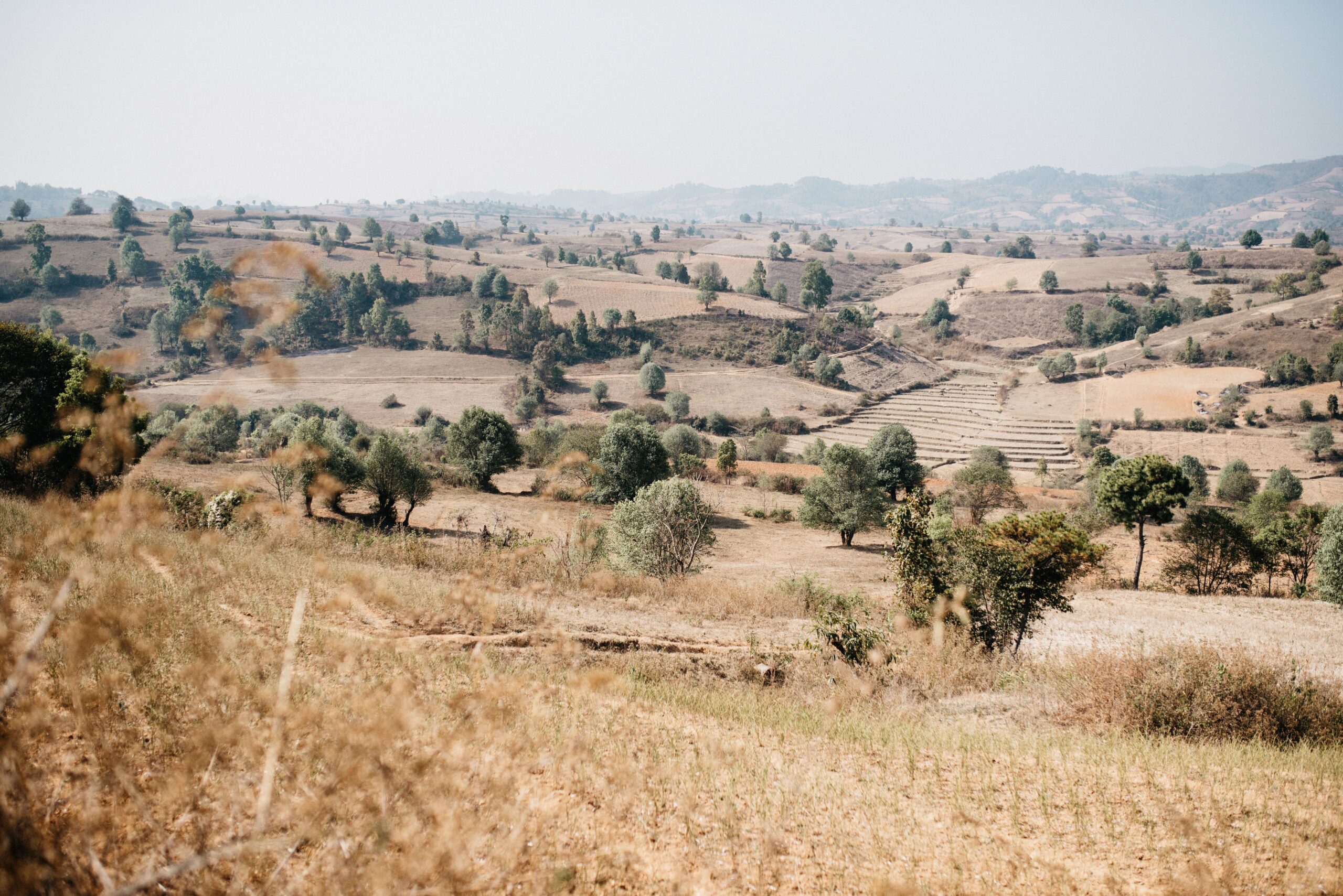 Dry hills and fields along the trekking route from Kalaw