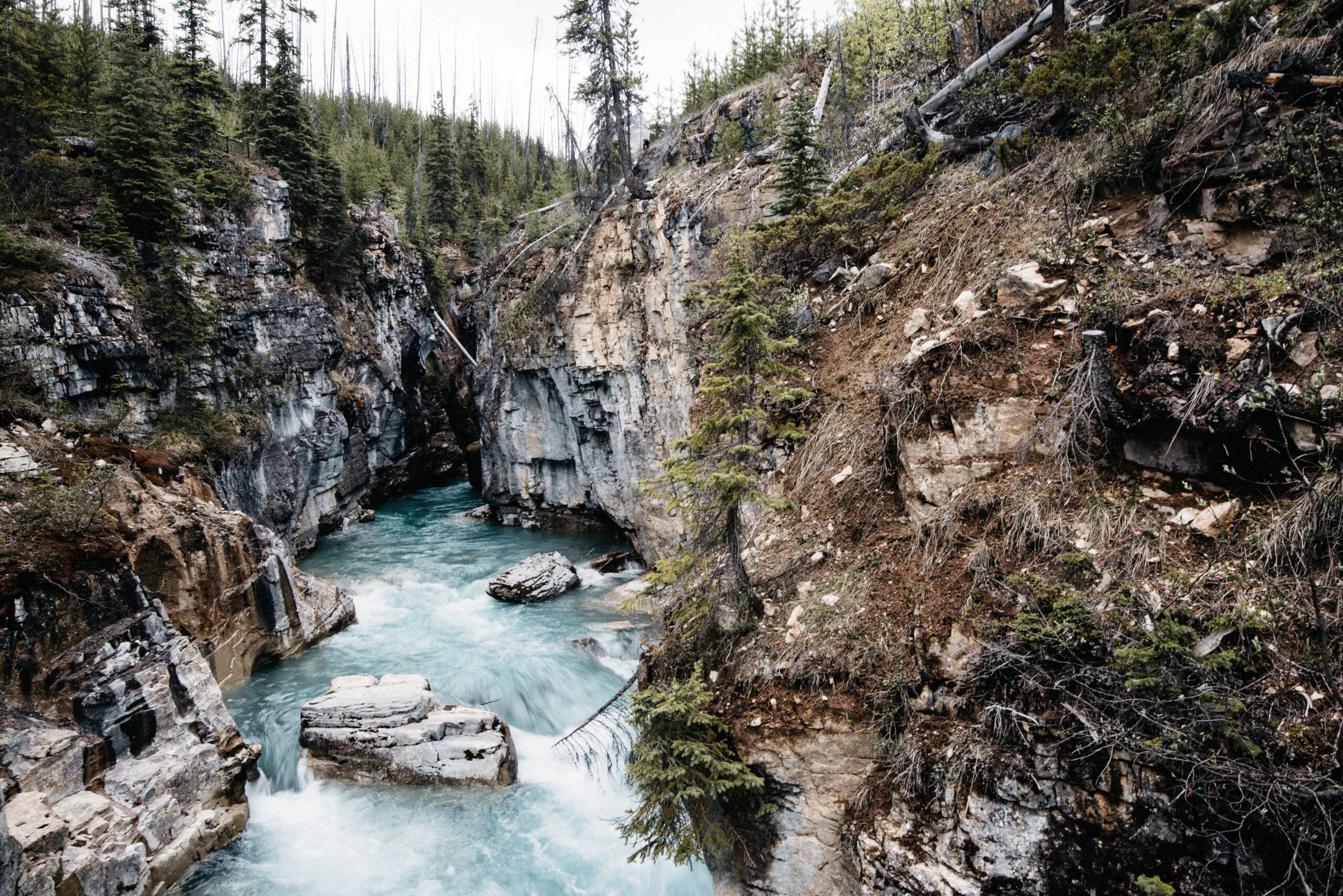Blue water running through a narrow rocky canyon