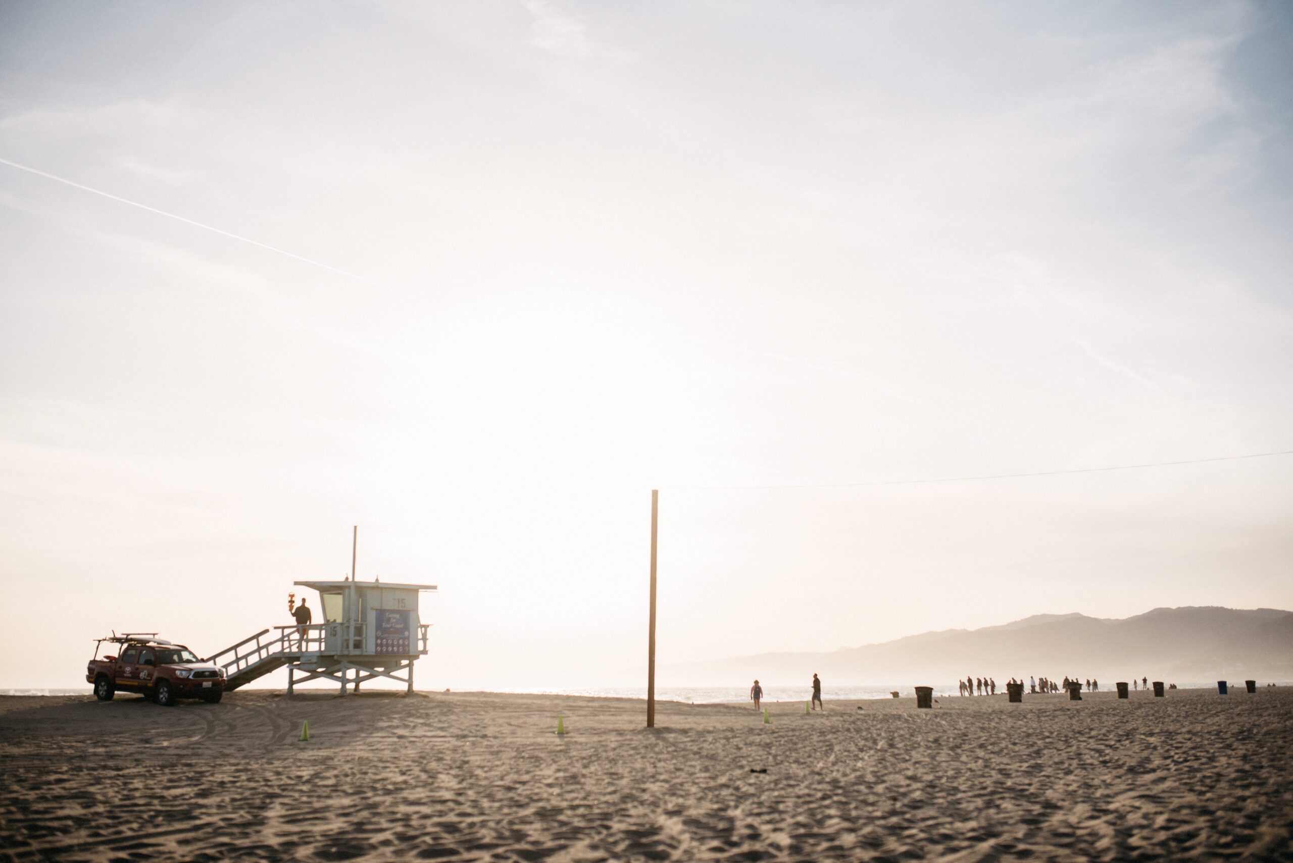A lifeguard tower on Santa Monica Beach in the evening