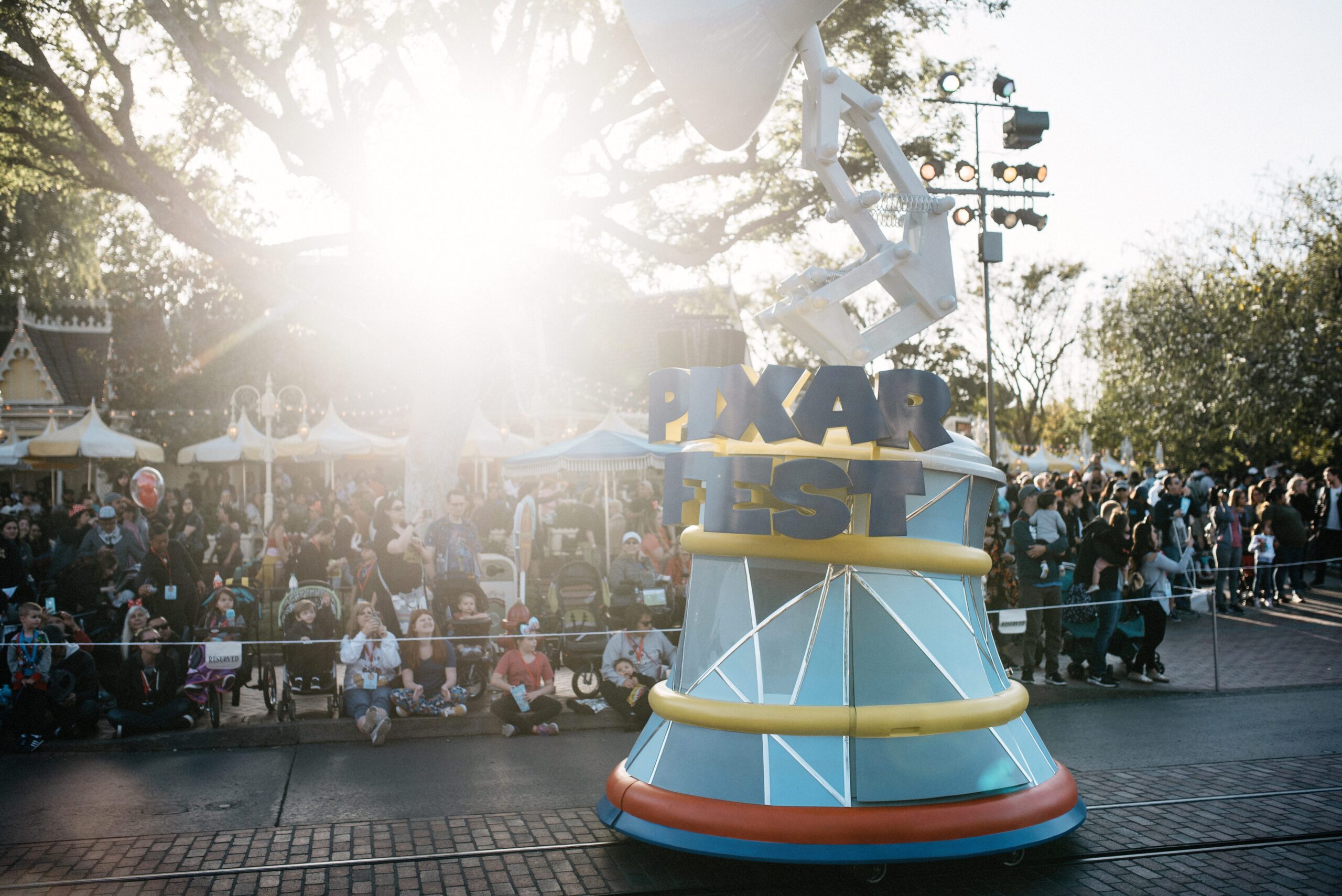 A Pixar parade float moving through Disneyland