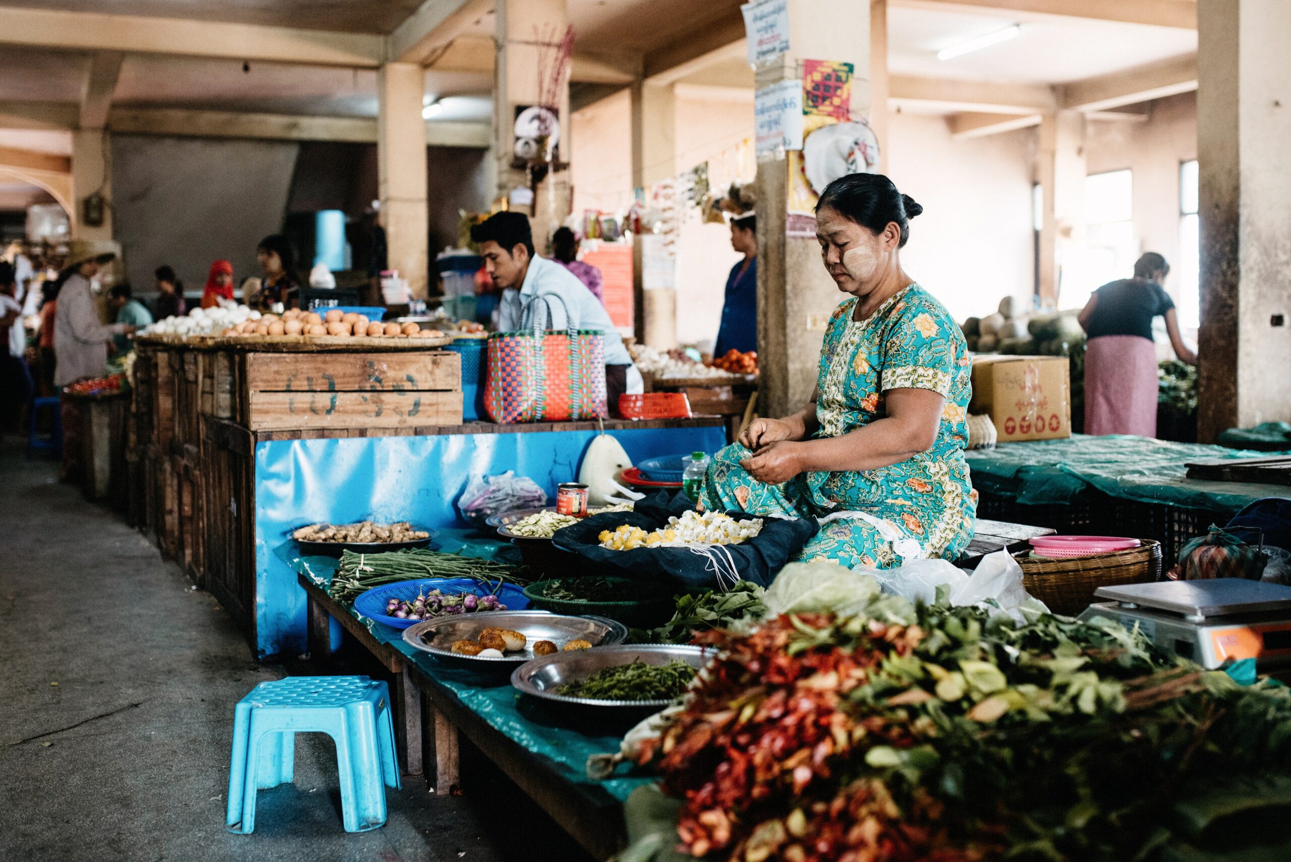 Colourful vegetables and herbs at a local market in Mandalay
