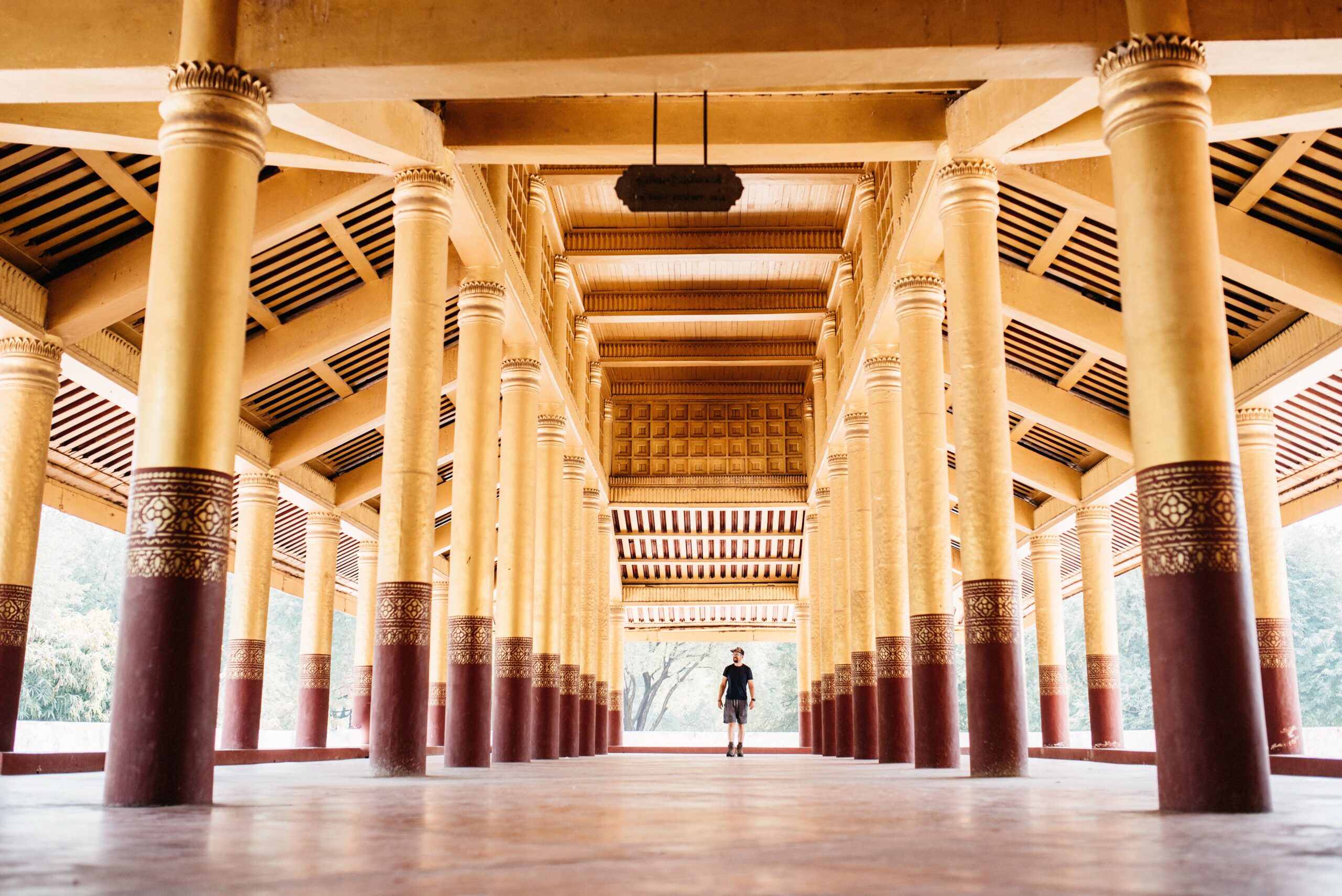 A long golden colonnade inside the Royal Palace complex