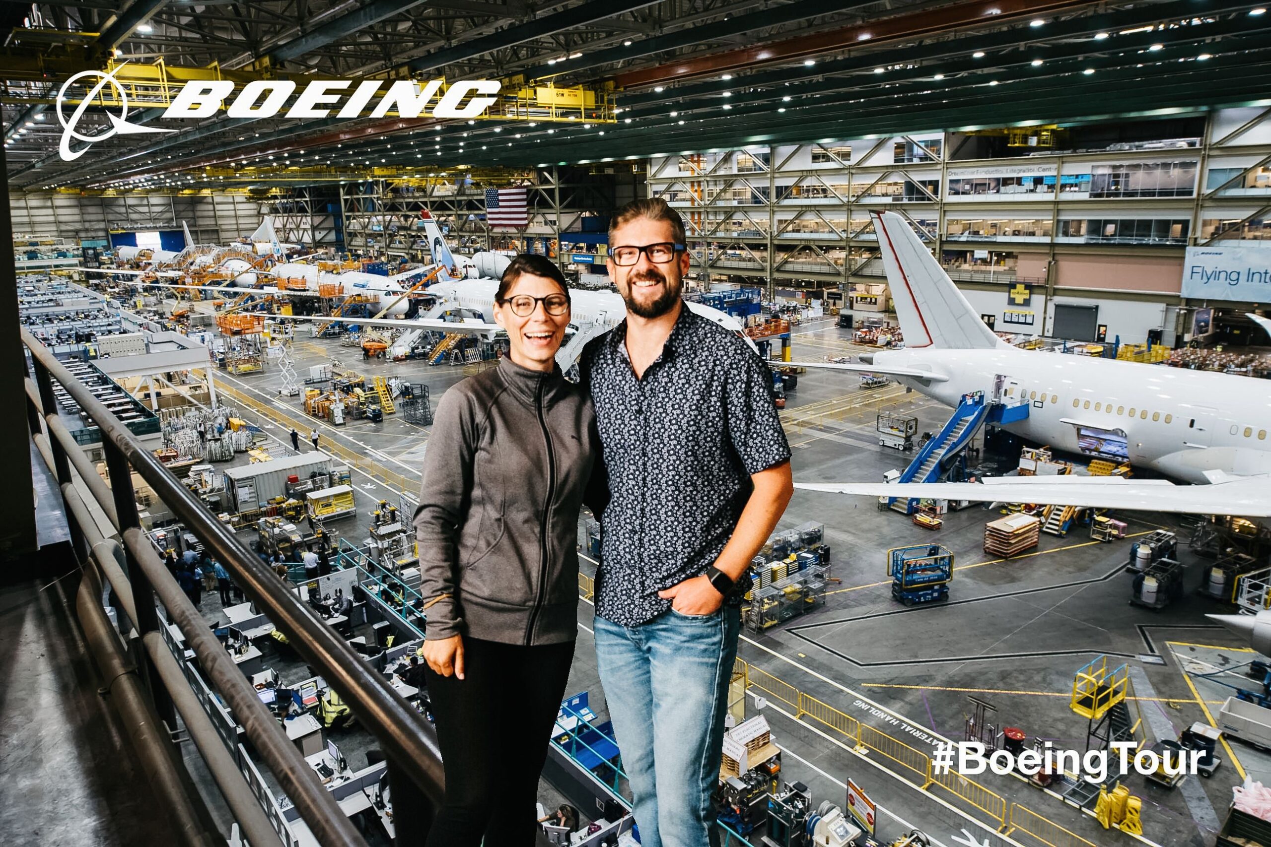 Bianca and Tom inside the Boeing assembly facility in Everett