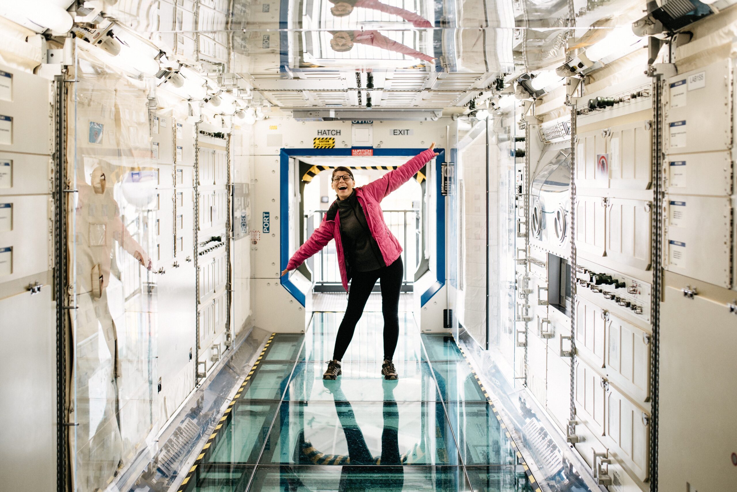 Bianca standing inside an aircraft fuselage exhibit