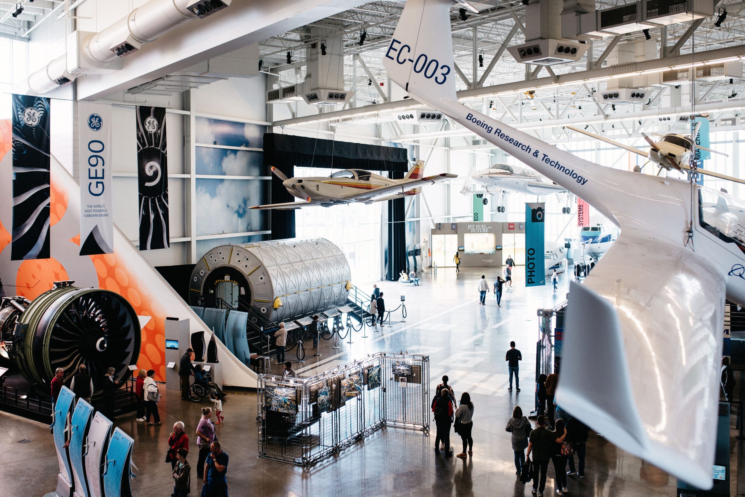 Aircraft parts and engines inside the Boeing exhibition hall