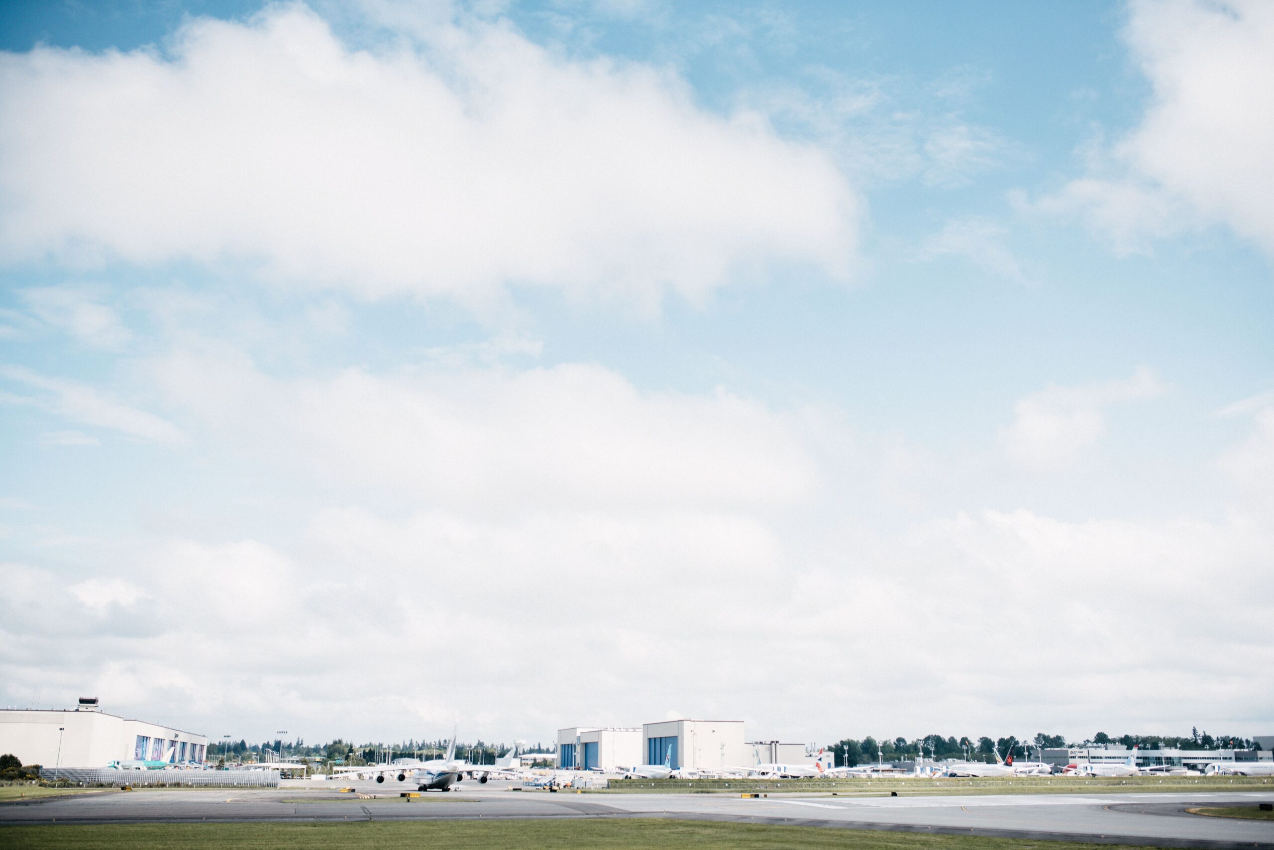 The Boeing production site in Everett beneath a cloudy sky