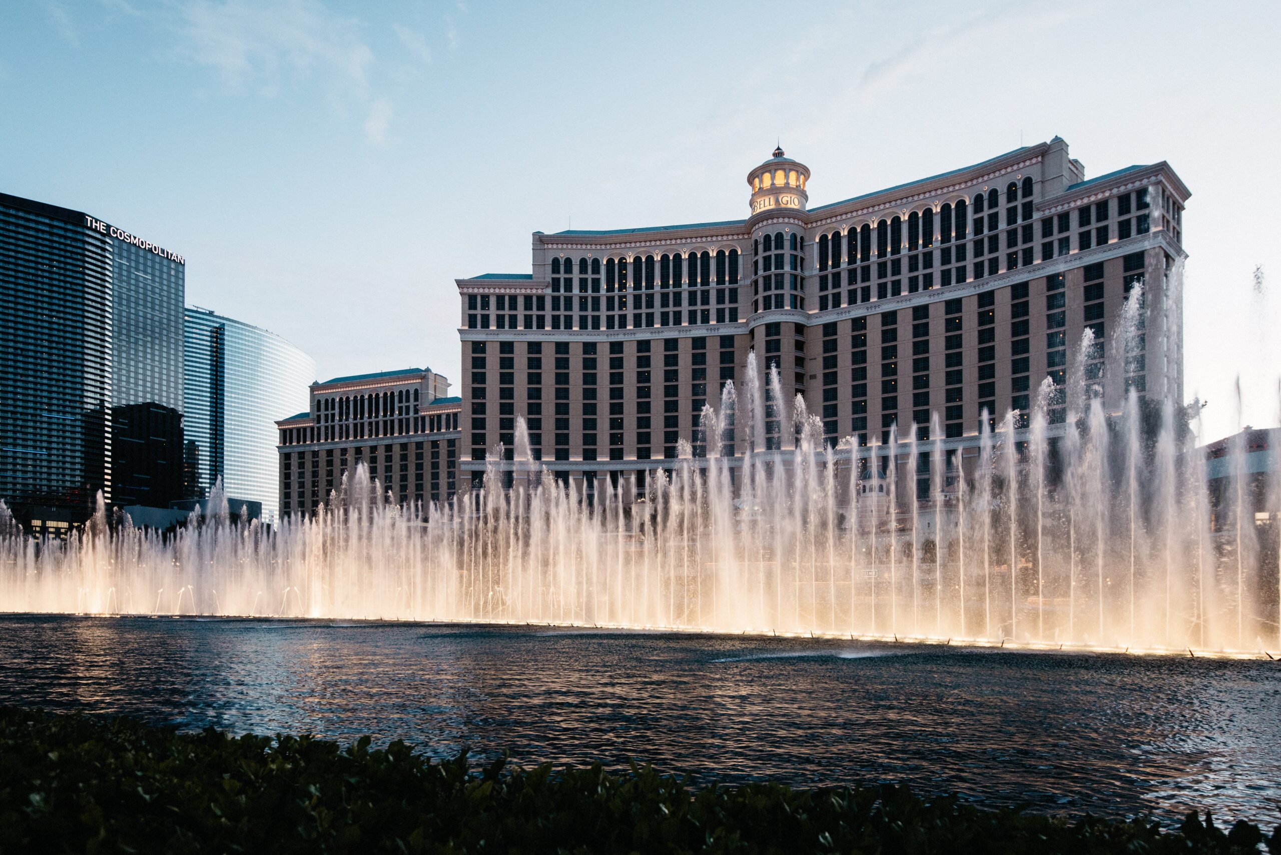 The Bellagio fountains performing in front of the hotel