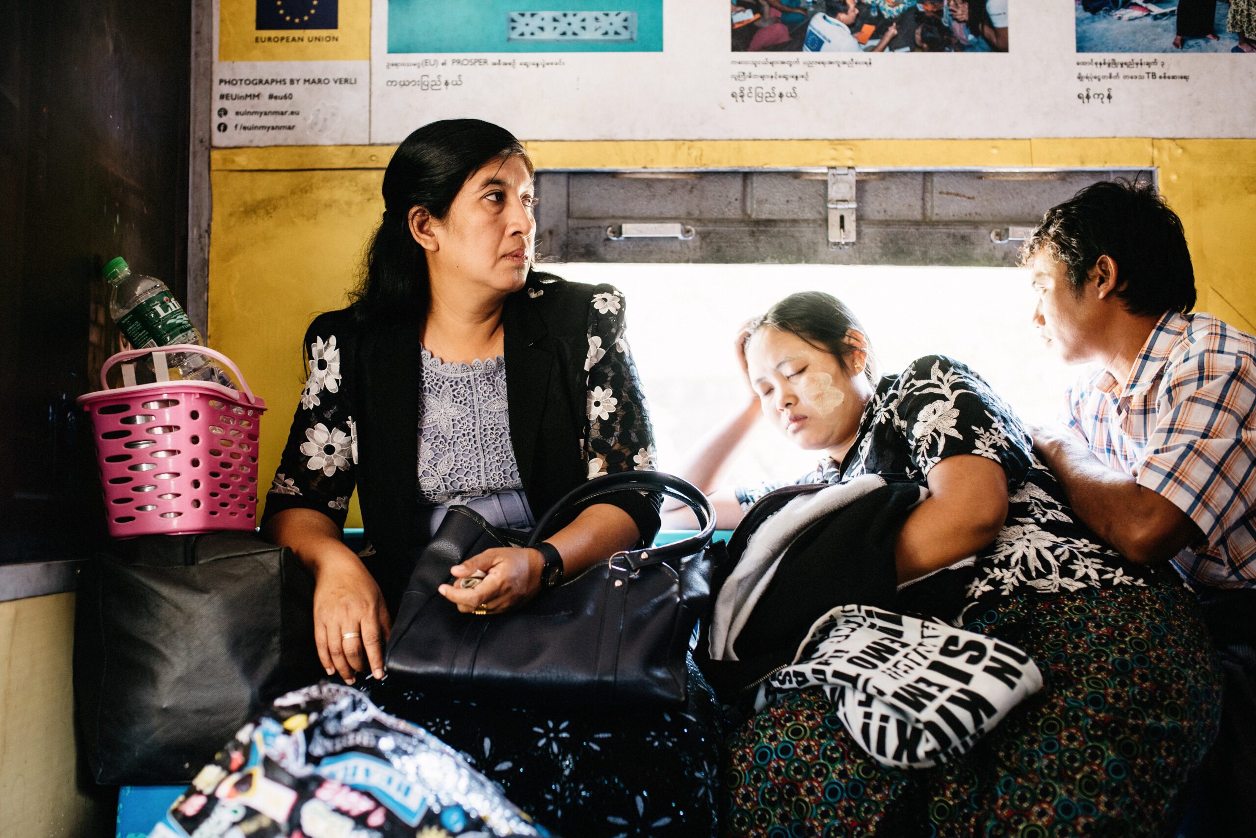 Passengers talking inside the Yangon Circular Train