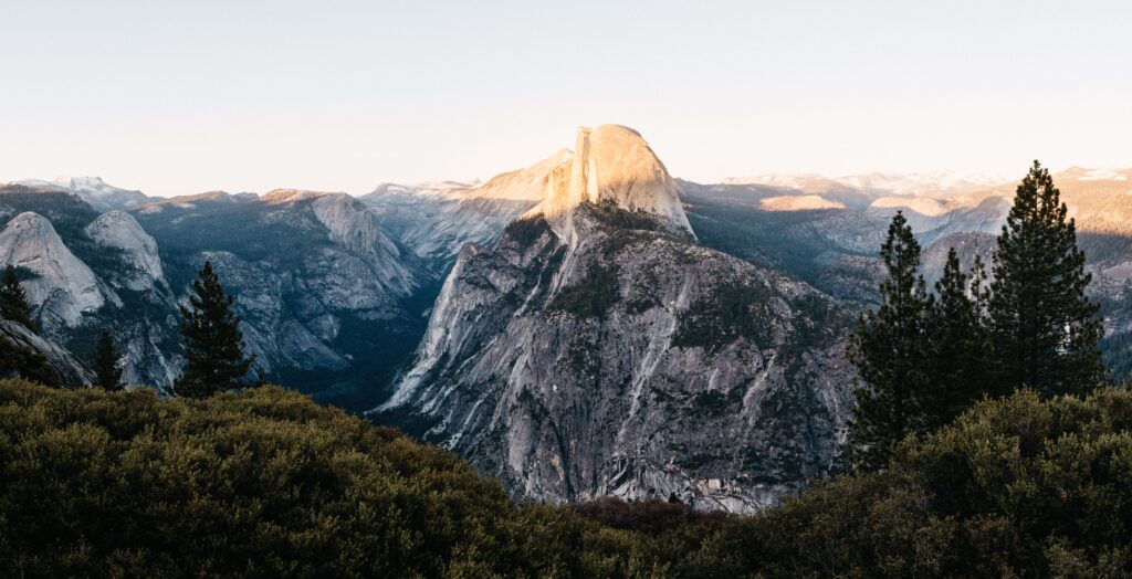 Half Dome glowing in the evening light above Yosemite Valley