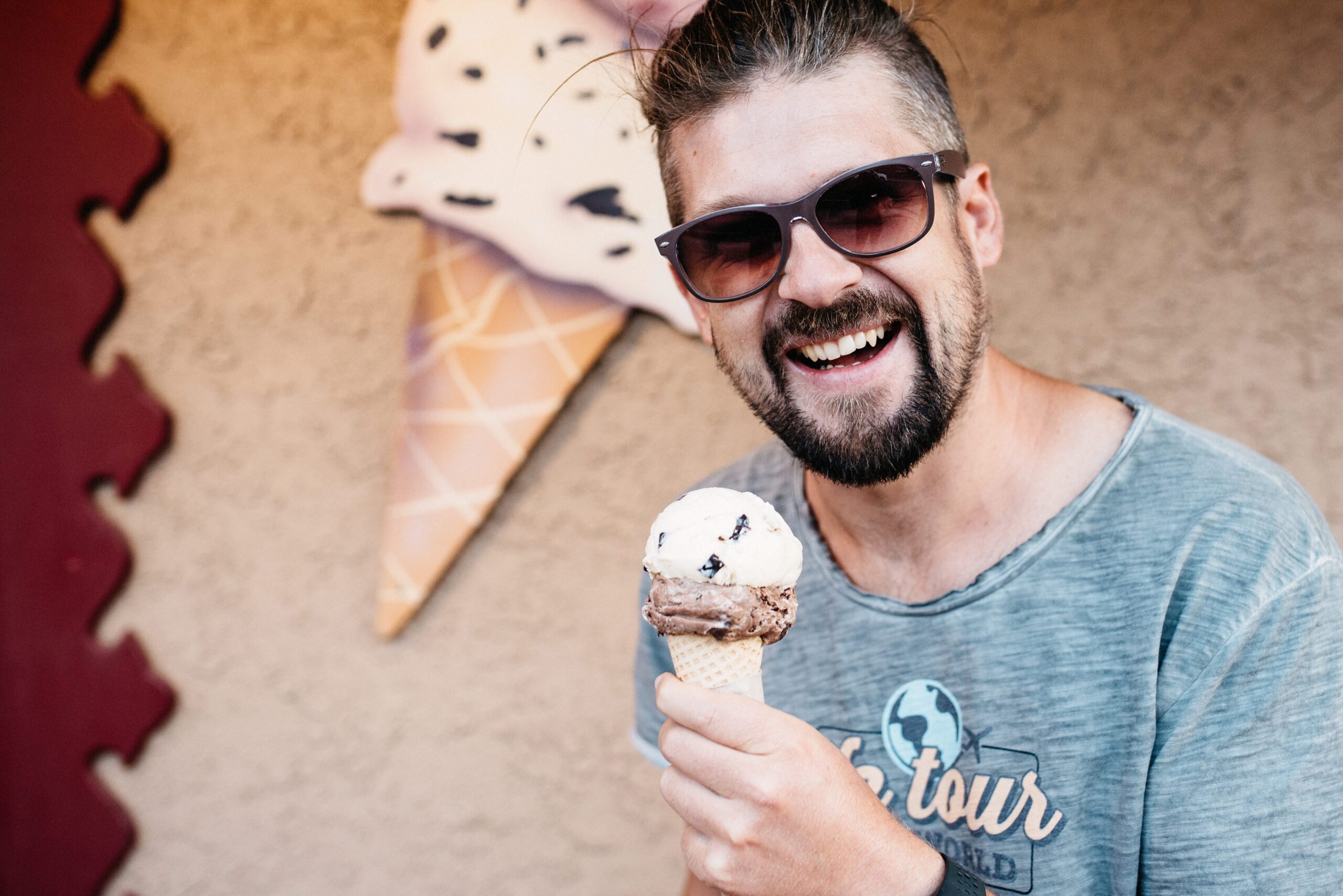 Tom eating ice cream in Springdale after a day in Zion