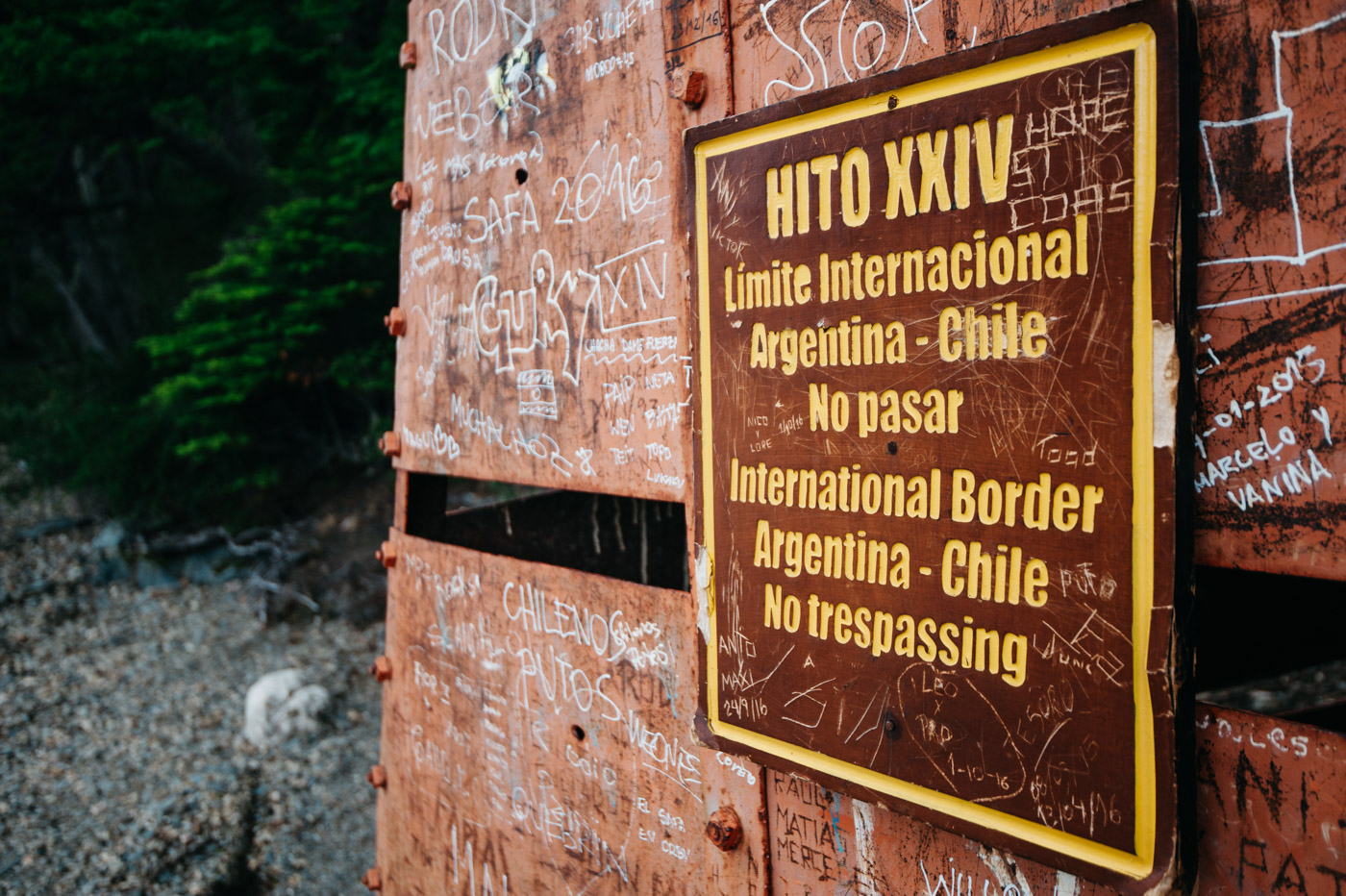 Argentina National Park Tierra del Fuego Beagle Channel HITO XXIV Border between Argentina and Chile Sign